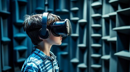 Boy experiencing virtual reality in sound studio: immersive technology