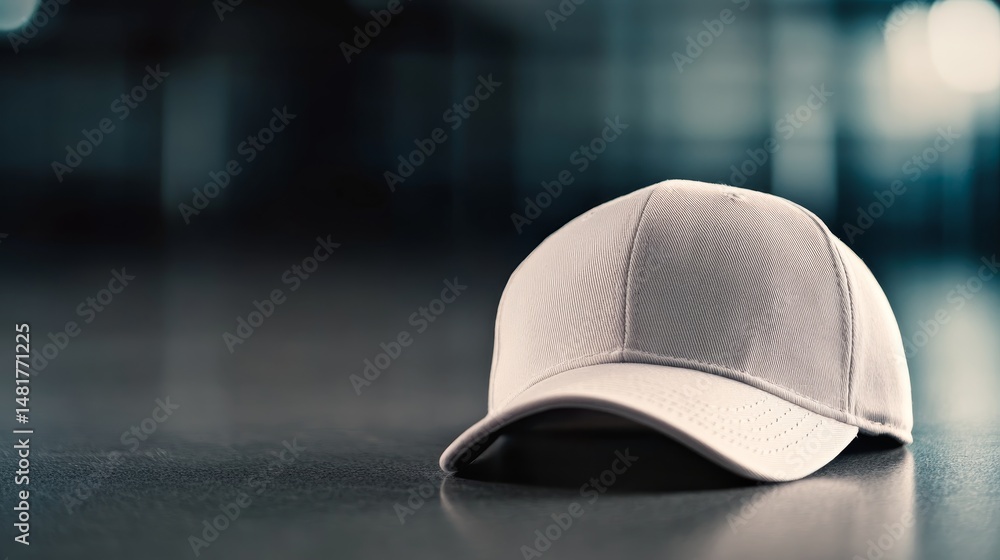Aufkleber plain white baseball cap is showcased on a smooth, neutral-toned surface, allowing focus on its shap