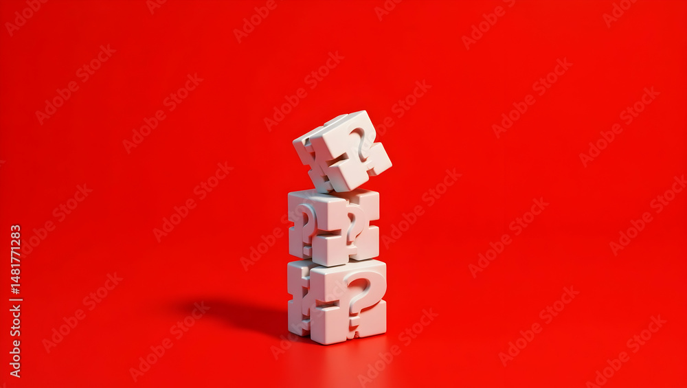 Poster intriguing concept with stacked question mark cubes against an eye-catching red backdrop, inviting c