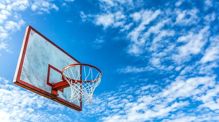 A basketball hoop stands against a bright blue sky.