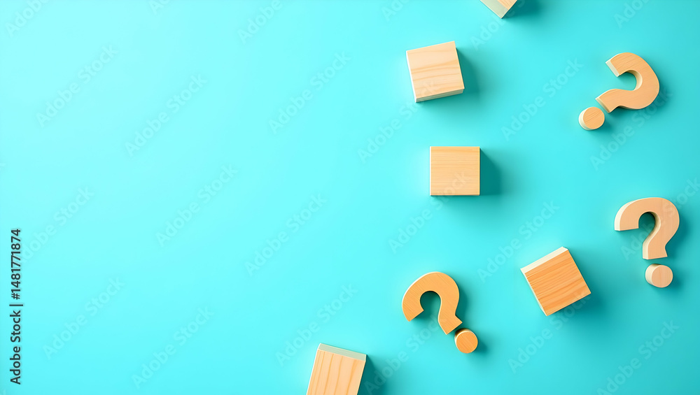 Poster intriguing wooden question marks and minimalist cubes scattered on a calming cyan backdrop, fosterin