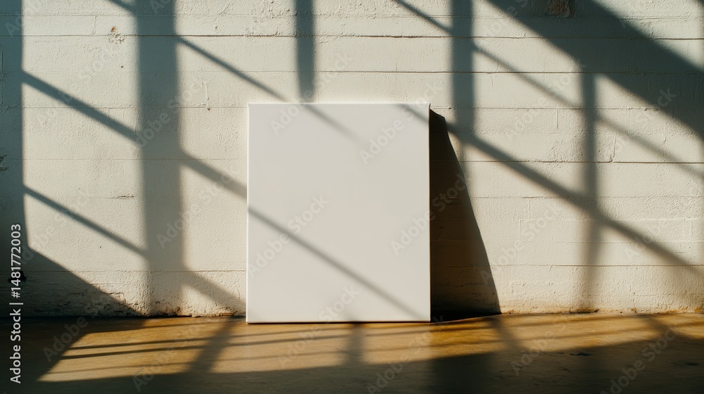 Aufkleber a blank, textured canvas leans on a white wall, catching sharp sunlight and soft shadows, creating a