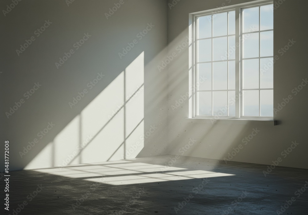Poster 3d render: empty room with sunlight through window