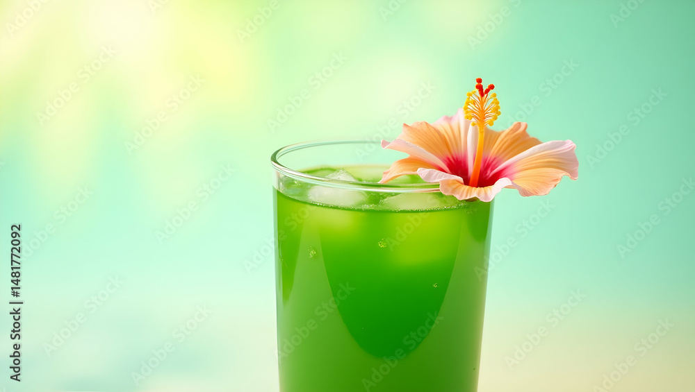 Poster invigorating emerald elixir, a refreshing green drink adorned with a delicate hibiscus flower, perfe