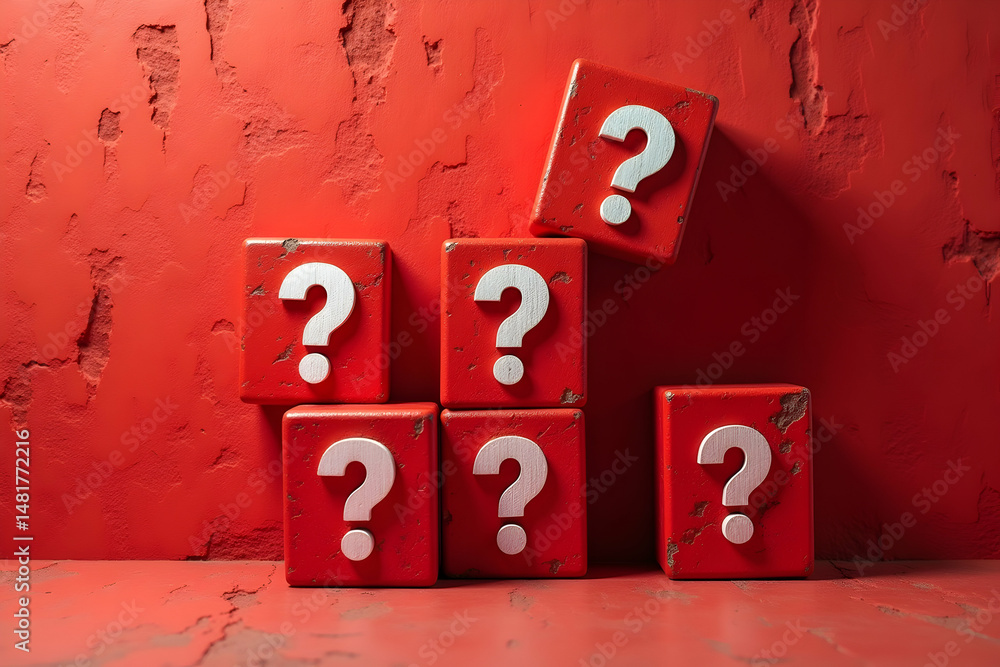 Poster intriguing red question mark blocks on textured surface evoking curiosity, uncertainty, and the ques