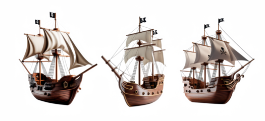 Set de barcos pirata aislados sobre fondo transparente. PNG. 