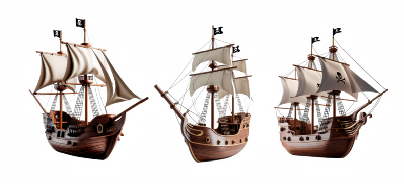 Set de barcos pirata aislados sobre fondo transparente. PNG. 
