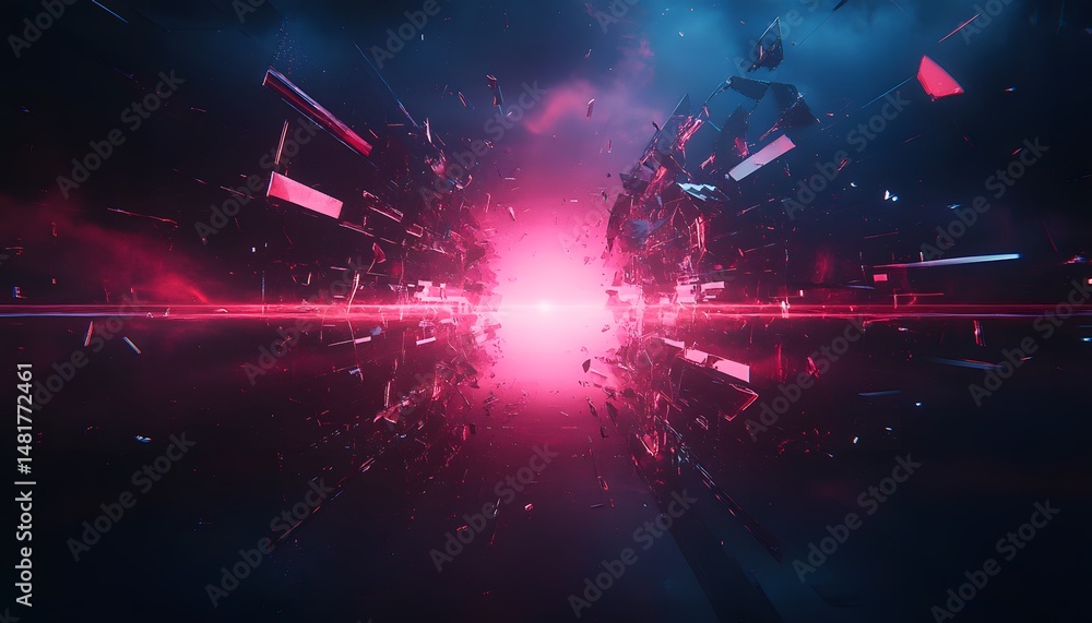 Poster cyberpunk shattered reality: dystopian abstract red portal with explosive energy and scattered fragm