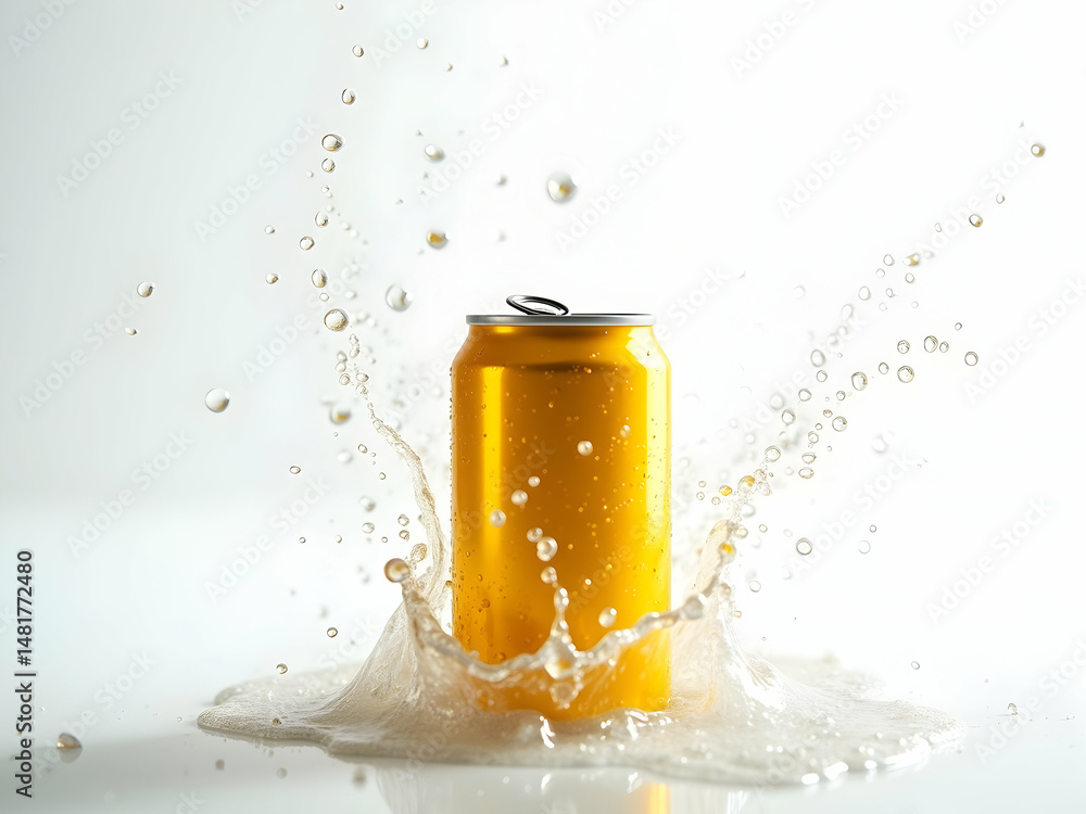Poster invigorating splash, golden soda can submerged in effervescent liquid with dynamic water droplets an