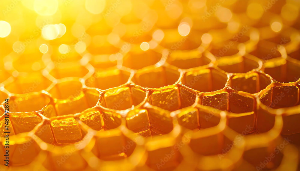 Poster golden honeycomb structure glows warmly in sunlight, showcasing intricate hexagonal patterns and ref