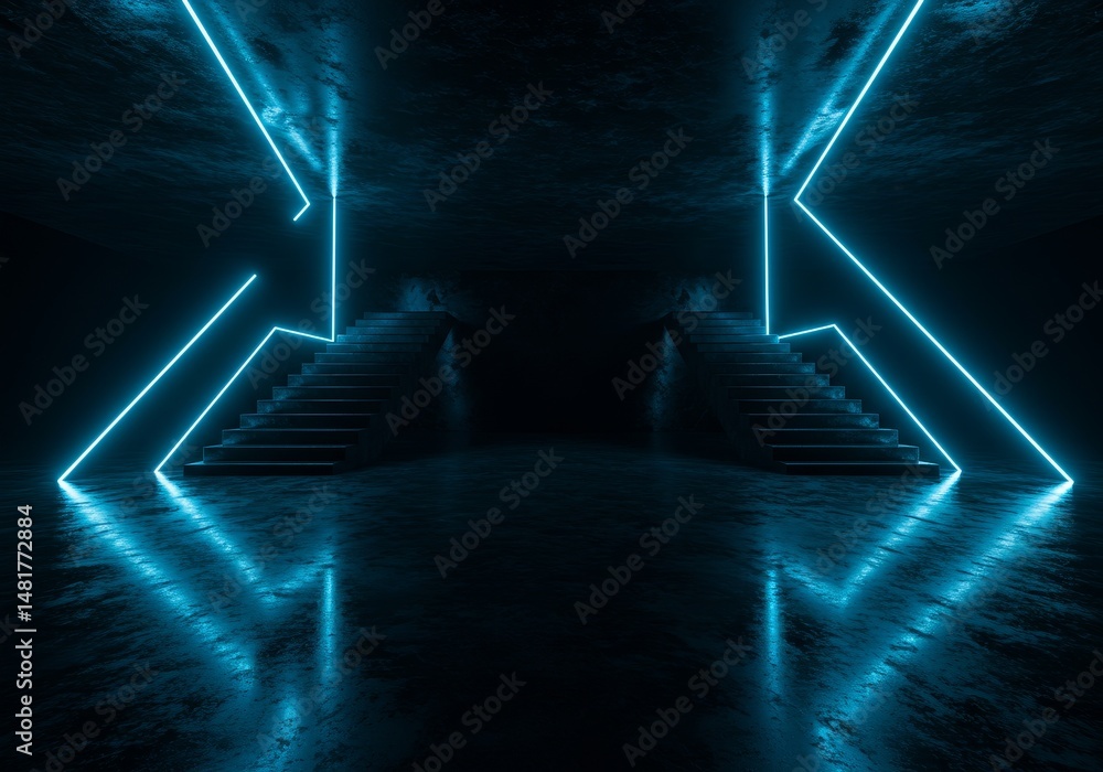 Poster 3d render abstract backgroud neon lights blue glowing empty space platform