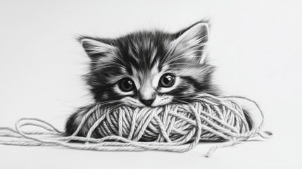 Artistic Sketch Of A Kitten Playing With A Ball Of Yarn. Cute Kitten.