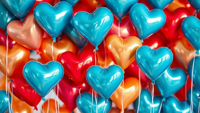 Bunte, gl&auml;nzende Herzballons in Blau, Rot und Orange, liebevoll arrangiert als Hintergrundbild f&uuml;r romantische Anl&auml;sse.
