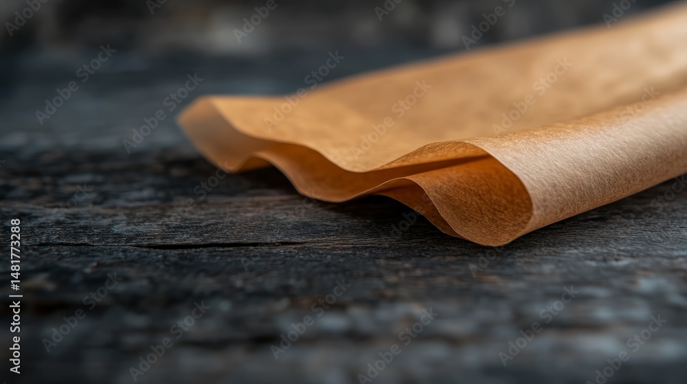 Leinwandbilder curled parchment paper rests on a rugged wooden table in soft directional light, conveying a sense o