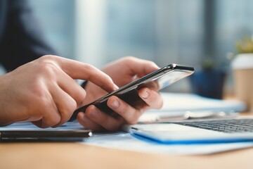 Close-Up of Hands Holding Smartphone, Business Person Typing on Mobile Phone at Office Desk, Modern Workflow, Digital Communication, Professional Technology Use, Productivity, Work Environment