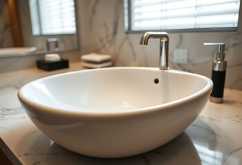 white bowl sink sitting on top of a counter