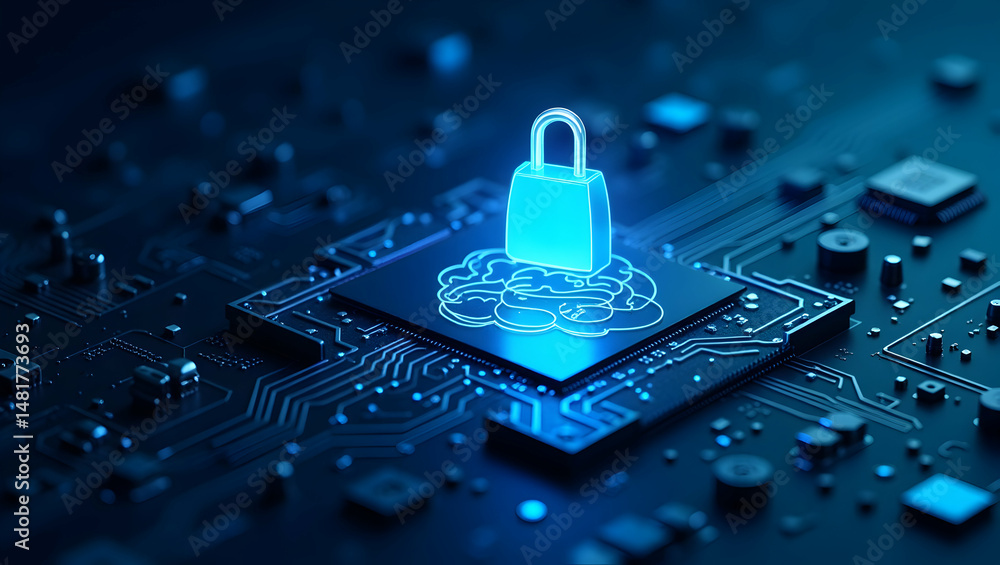 Poster isometric illustration, advanced blue circuit board with cyber security lock for data protection and
