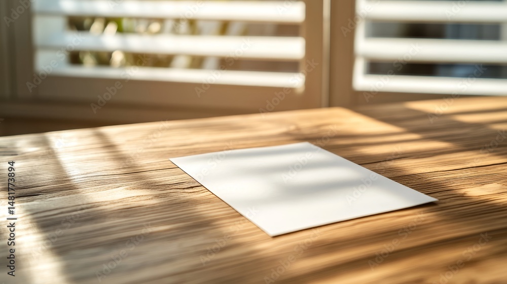 Aufkleber Close-up view of a blank sheet of paper resting on a wooden desk, illuminated by sunlight that creates striking shadows from partially closed blinds