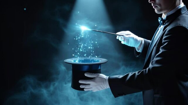 Magician Performing Magic Trick with Top Hat and Wand