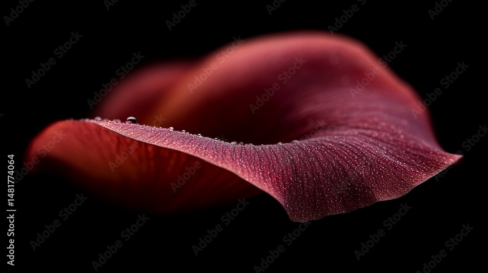 Poster close-up view of a dewdrop clinging to a deep purple iris petal, reflecting soft morning light and s