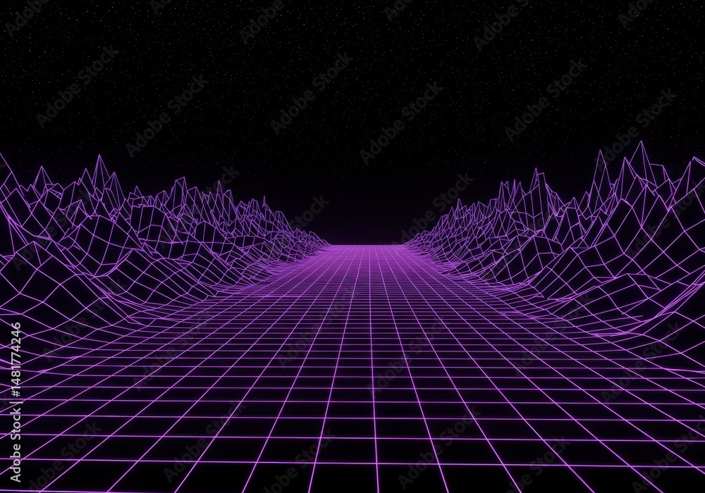 Poster 3d render abstract background purple retro synthwave