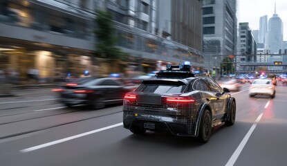 Fototapeta premium Futuristic car speeding through city streets.