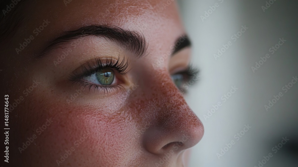 Aufkleber green eyes framed by delicate eyelashes look through a veil of mist, creating a piercing yet gentle 