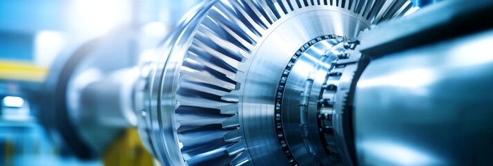 Industrial turbine close up: shiny metal engine component with a modern manufacturing background