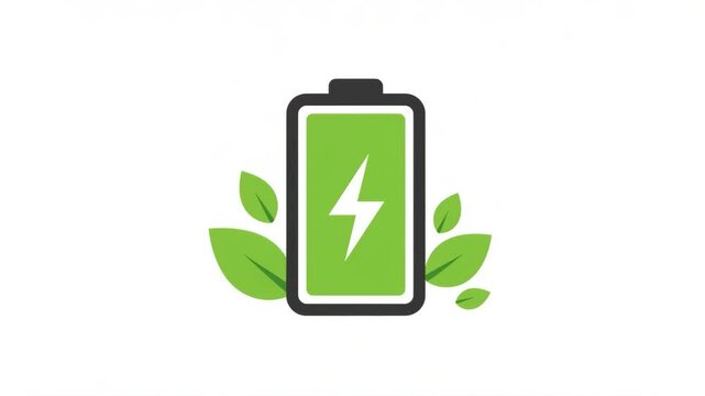 Green battery icon surrounded by leaves representing sustainable energy concept of animated eco-friendly consumption  
