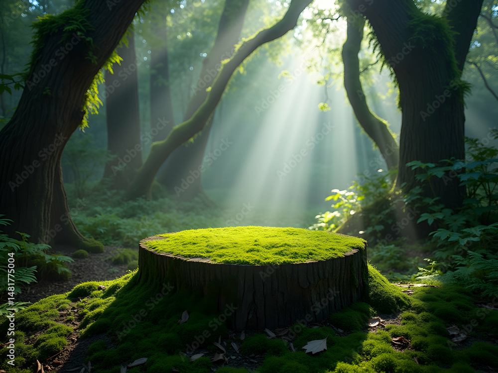 Poster lush green moss covered tree stump in a serene forest with light rays streaming through the trees cr