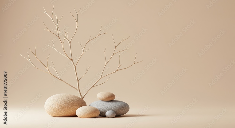 Poster 3d render abstract gold branch on beige background with textured rocks