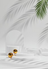 3D Render Abstract Minimal Podium With Gold Spheres And Palm Leaf Shadow