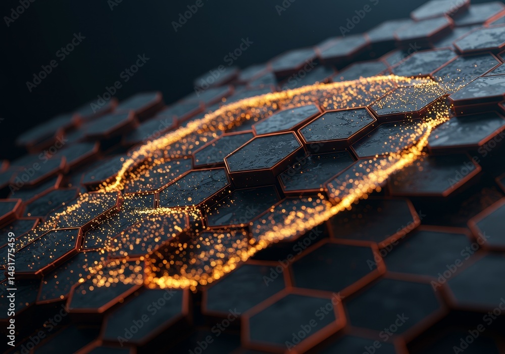 Poster 3d render abstract orange glowing hexagon pattern