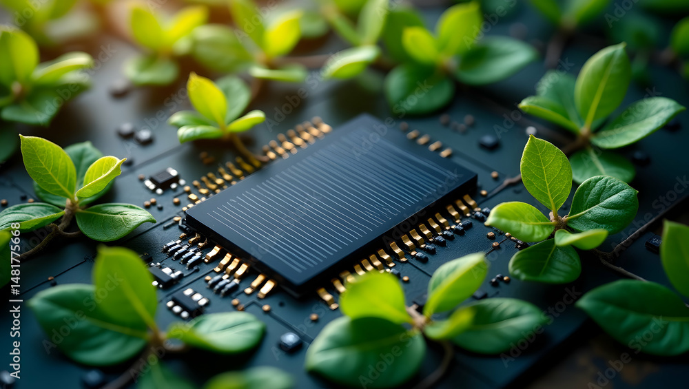 Poster macro photograph of green sprouts growing on a computer circuit board symbolizing sustainable techno
