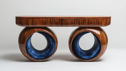 Stylish modern coffee table featuring a sleek wooden top and unique circular blue accents, perfect for contemporary interior design.