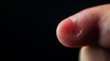 An extreme close-up captures a fingertip displaying cracked and peeling dry skin, highlighting the fine details and fragility under bright lighting
