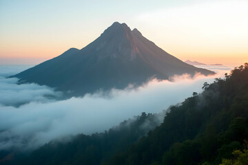 Fototapeta premium Majestic Mountain Peak Emerging from a Sea of Clouds at Sunrise, A Breathtaking Landscape Scene with Dramatic Light and Atmospheric Perspective