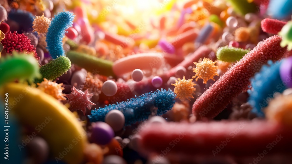 Leinwandbilder Vibrant microorganisms float in liquid, displaying intricate details and movement. The colorful scene is set against a soft-focus gradient background, creating depth