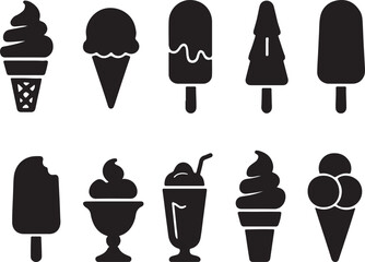 Collection of black ice cream and frozen treat silhouettes. Ideal for summer-themed designs, food branding, packaging, posters, and digital or print artwork.
