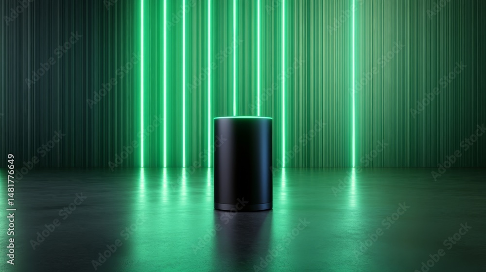 Poster this setup showcases a black product pedestal highlighted by glowing green neon tubes, creating a fu