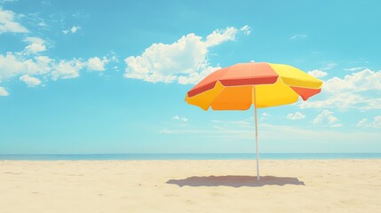 A colorful beach umbrella sits on a sandy beach with a blurred ocean and sky in the background.