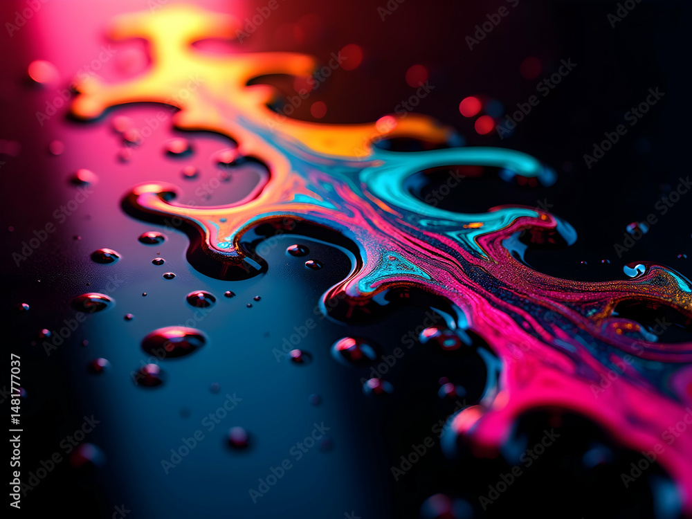 Poster mesmerizing dance of vibrant liquid, an abstract display featuring electric hues and mesmerizing pat