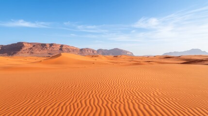 Naklejka premium Expansive desert terrain features defined dune crests and sunlit sand ripples, all illuminated under a clear blue midday sky, creating a serene atmosphere