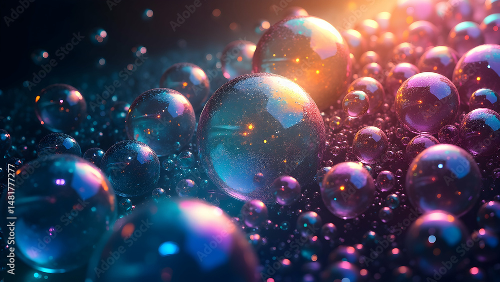 Poster mesmerizing iridescent spheres, a symphony of light and color in a textured composition, showcasing 