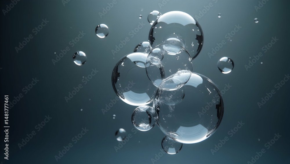 Poster mesmerizing macro shot showcasing translucent water bubbles, reflecting light and form in an abstrac