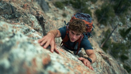 Young man rock climbing on a steep cliff.