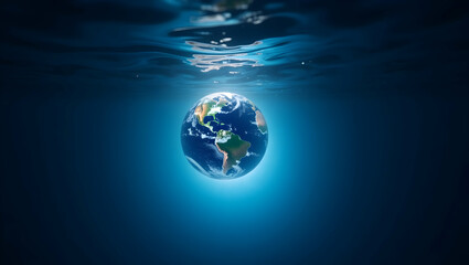 Obraz premium Mesmerizing vibrant closeup of planet Earth suspended underwater showcasing environmental themes and global awareness with a unique perspective under the sea