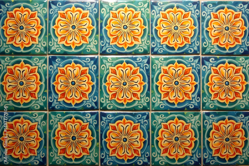 Poster mesmerizing repetition, a vibrant tile mural featuring intricate floral motifs and harmonious color 