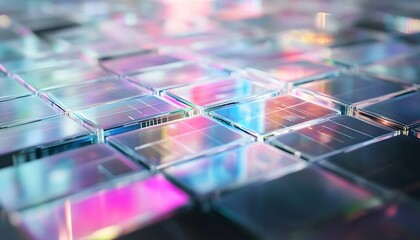 Abstract Grid of Iridescent Tiles: Futuristic Tech Background with Glass Squares