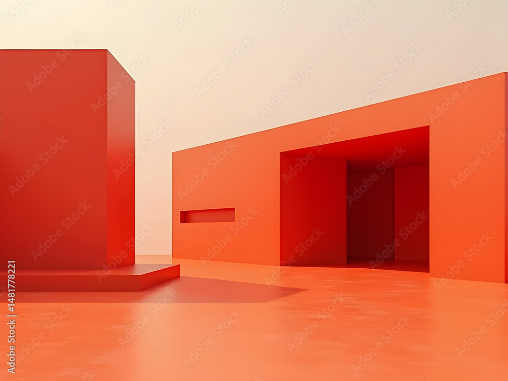 Aufkleber minimalist architectural design featuring sleek geometric shapes in matte red tones creating an abst